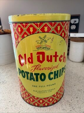Yellow & Red Vintage Potato Chips Tin -Old Dutch Collectible